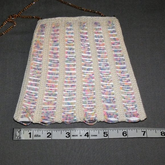 Vintage White Beaded Crochet Pouch Purse Bag Wedding Evening Bag Hand Crafted - Picture 4 of 7